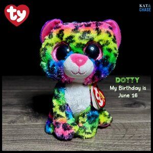 Ty Beanie Boos Dotty the Leopard Plush Rainbow Glitter Eyes Birthday June 16